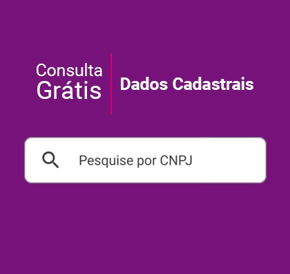 Fundo roxo com o campo de busca de pesquise por CNPJ ao lado dos dizeres Consulta Grátis, Dados Cadastrais.